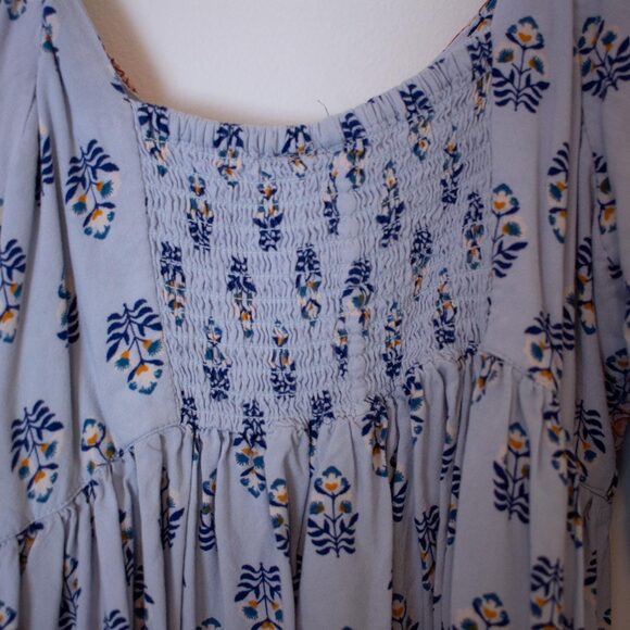 Boho Peasant Mini Dress Empire Waist Floral Print Stretch Festival L True Spring - Picture 6 of 7